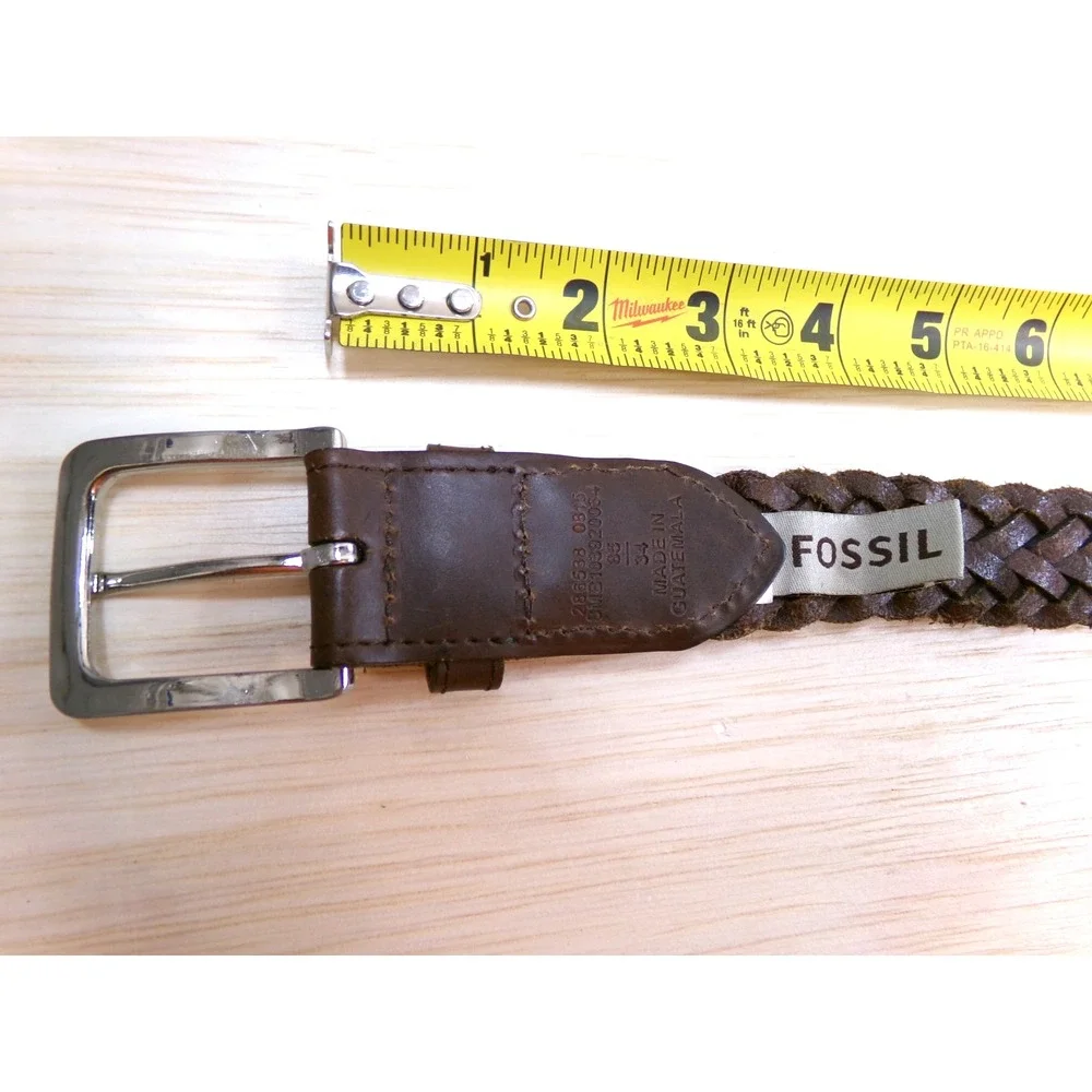Fossil Men's Braided Leather Belt Brown Size 34 Silver Tone Buckle